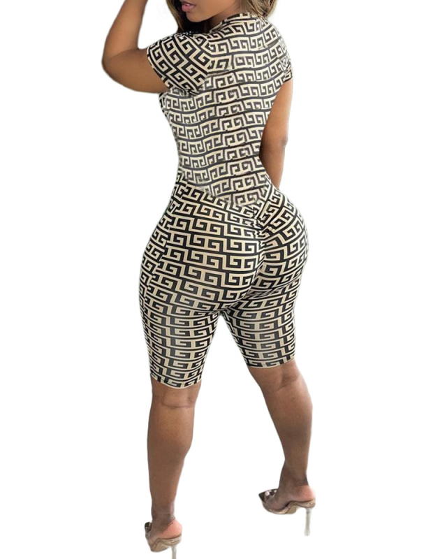 Fashion Women Short Sleeve Zipper Front Hot Sale Rompers Brown S-2XL