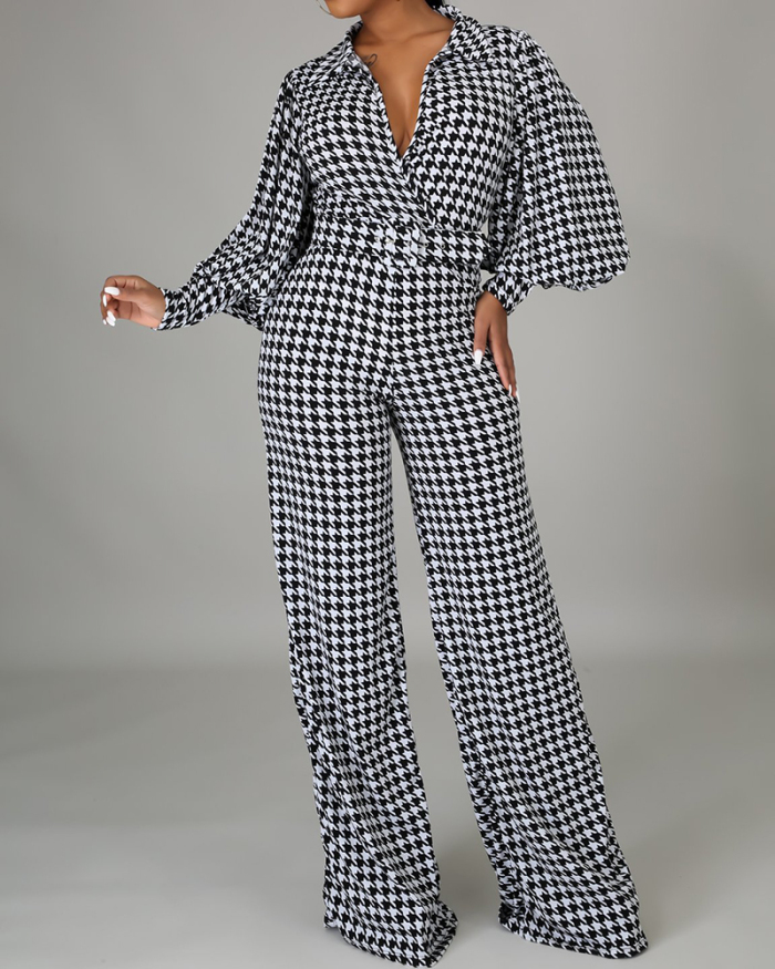 V-neck Long Sleeve Printed Women Loose Style Jumpsuit S-XXL