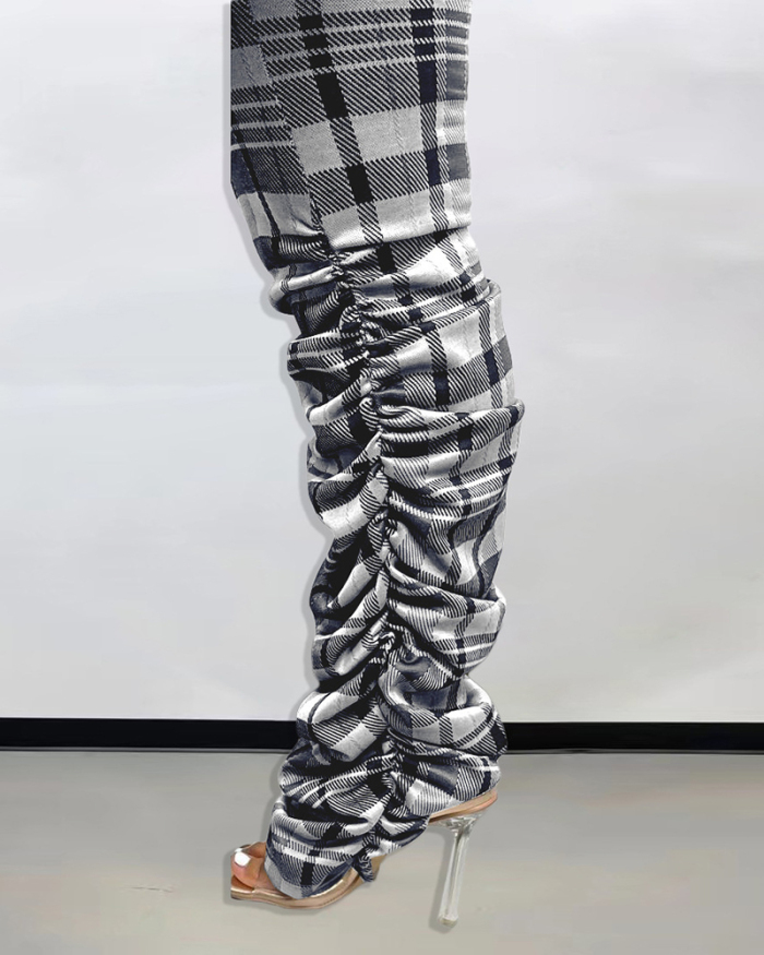 Fashion Women Long Sleeve Autumn Lapel Zipper Front Ruched Leg Grid Jumpsuits Khaki Black White S-2XL