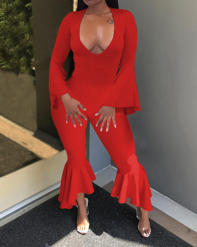 Women Trendy Deep V Neck Bell Long Sleeve Flared Leg Solid Color Jumpsuits Red Black Light Purple S-2XL