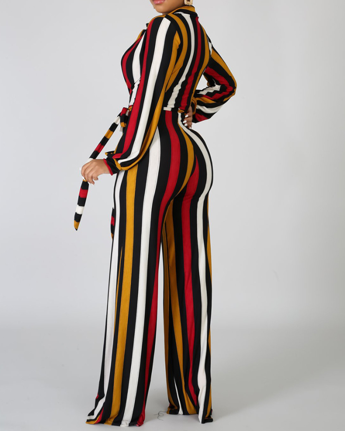 V-neck Long Sleeve Printed Women Loose Style Jumpsuit S-XXL