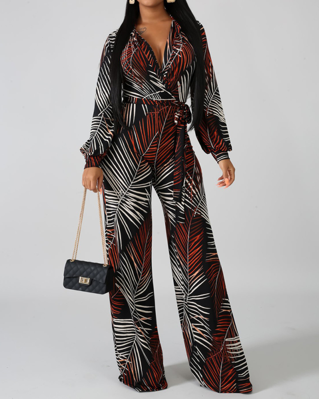 V-neck Long Sleeve Printed Women Loose Style Jumpsuit S-XXL