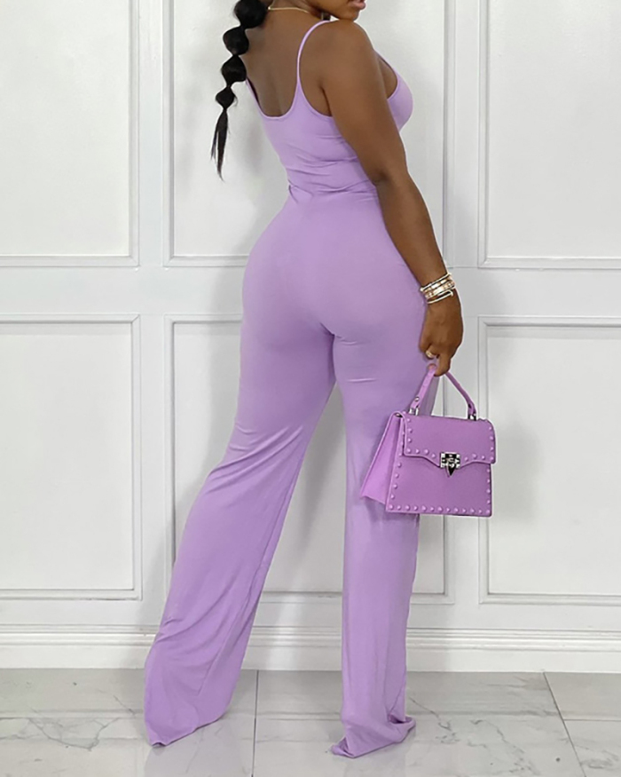 Women Solid Color Strap Floor-length Length Summer Jumpsuits Gray Black Red Purple Pink S-XL