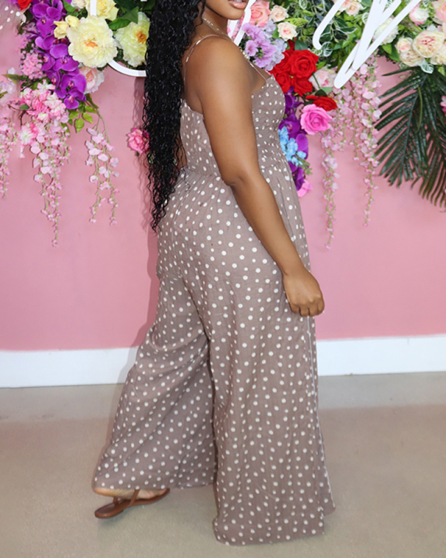Women Sleeveless Strap Dot Printed Wide Leg Jumpsuits Apricot S-2XL