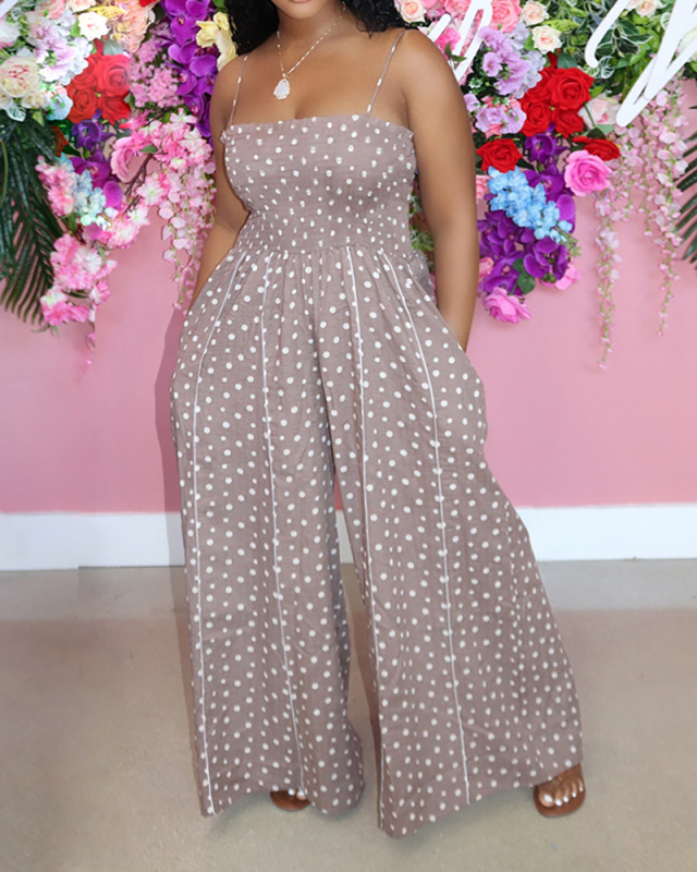 Women Sleeveless Strap Dot Printed Wide Leg Jumpsuits Apricot S-2XL