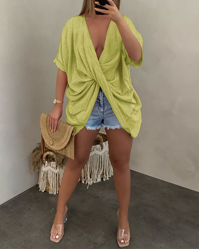 Short Sleeve V-neck Women Cotton T Shirt