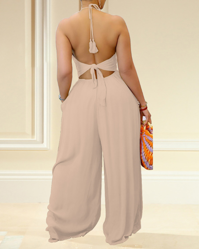 Woman Halter V Neck Wide Leg Solid Color Backless Summer Hot Sale Jumpsuits Black Khaki Yellow S-3XL