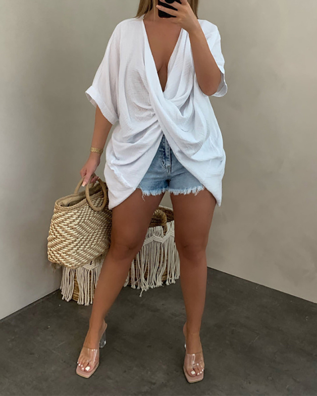Short Sleeve V-neck Women Cotton T Shirt