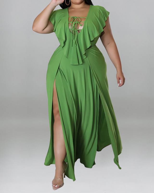 Women Summer New Strap Ruffles Neck Solid Color Plus Size Dresses Black Pink Green Purple Blue Yellow XL-5XL