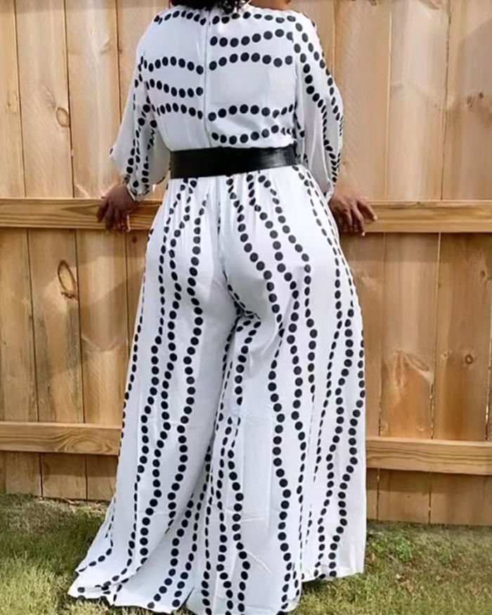 Hot Sale Fashion Dot Printed Long Sleeve Women Plus Size Jumpsuit White Black S-3XL