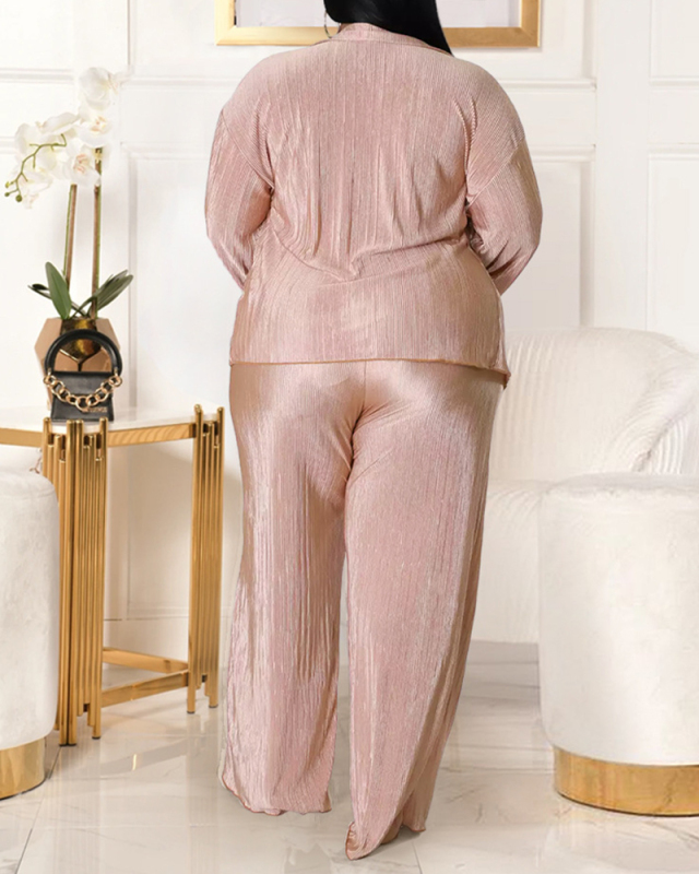Women Lapel Neck Coat High Wasit Solid Color Ruched Wide Leg Pants Sets Plus Size Three Pieces Sets White Black Pink Orange Blue XL-5XL