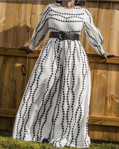 Hot Sale Fashion Dot Printed Long Sleeve Women Plus Size Jumpsuit White Black S-3XL