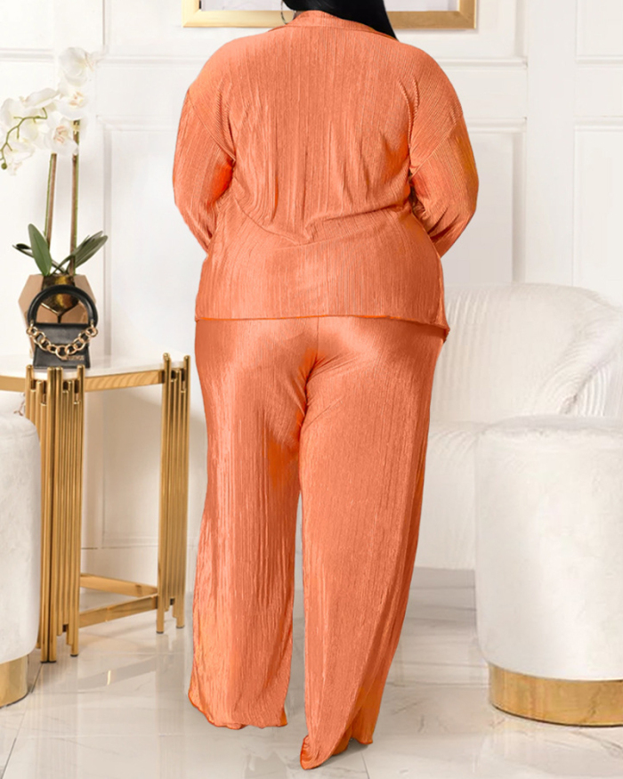 Women Lapel Neck Coat High Wasit Solid Color Ruched Wide Leg Pants Sets Plus Size Three Pieces Sets White Black Pink Orange Blue XL-5XL