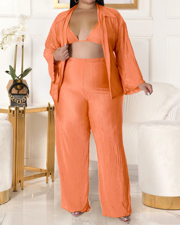 Women Lapel Neck Coat High Wasit Solid Color Ruched Wide Leg Pants Sets Plus Size Three Pieces Sets White Black Pink Orange Blue XL-5XL