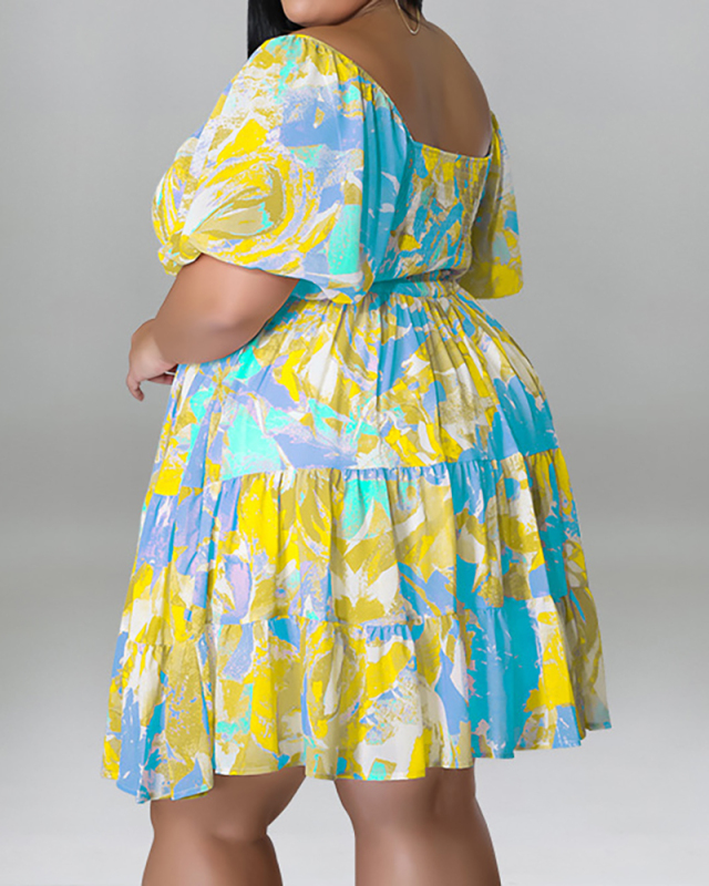 Florals Short Sleeve Summer Square Neck Women Plus Size Dresses Pink Green Blue XL-5XL