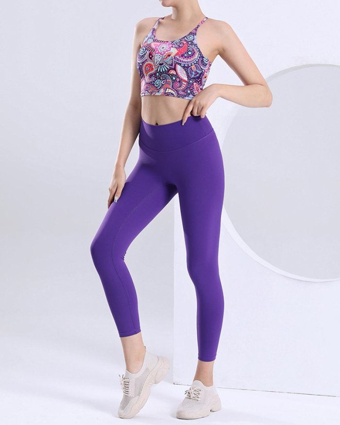 New Women Abstract Floral Sports Bra Fitness Yoga Two-piece Sets Purple S-L