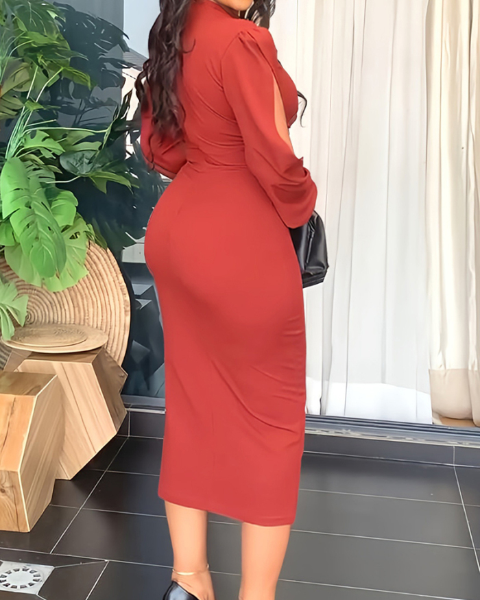 Women Long Slit Sleeve Solid Color Bodycon Midi Dresses Pink Red Black S-2XL