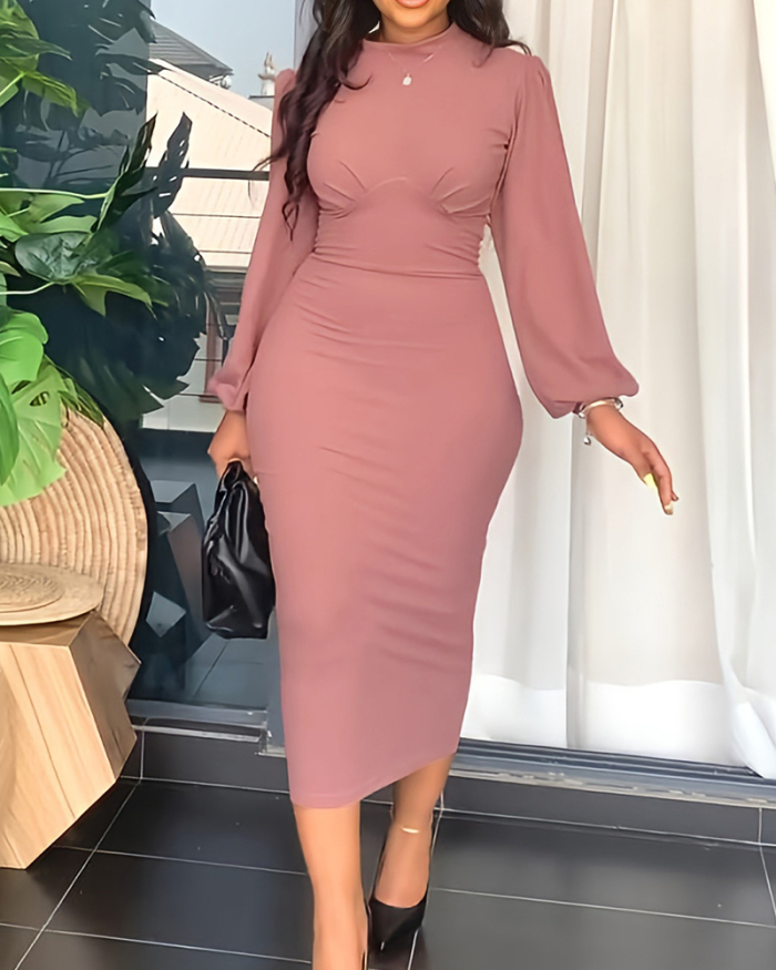Women Long Slit Sleeve Solid Color Bodycon Midi Dresses Pink Red Black S-2XL