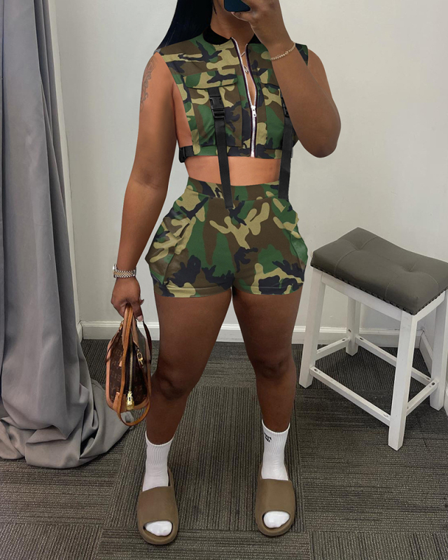 Women Sleeveless Camo Short Sets Two Pieces Outfit Camo S-XL