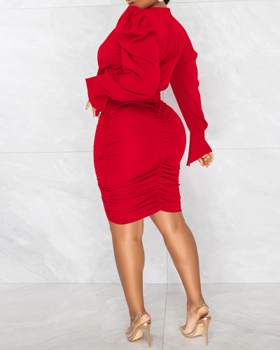 Office Lady Solid Color Long Sleeve Drawstring Ruched Bodycon Midi Dress Black Red Blue Rosy White S-2XL