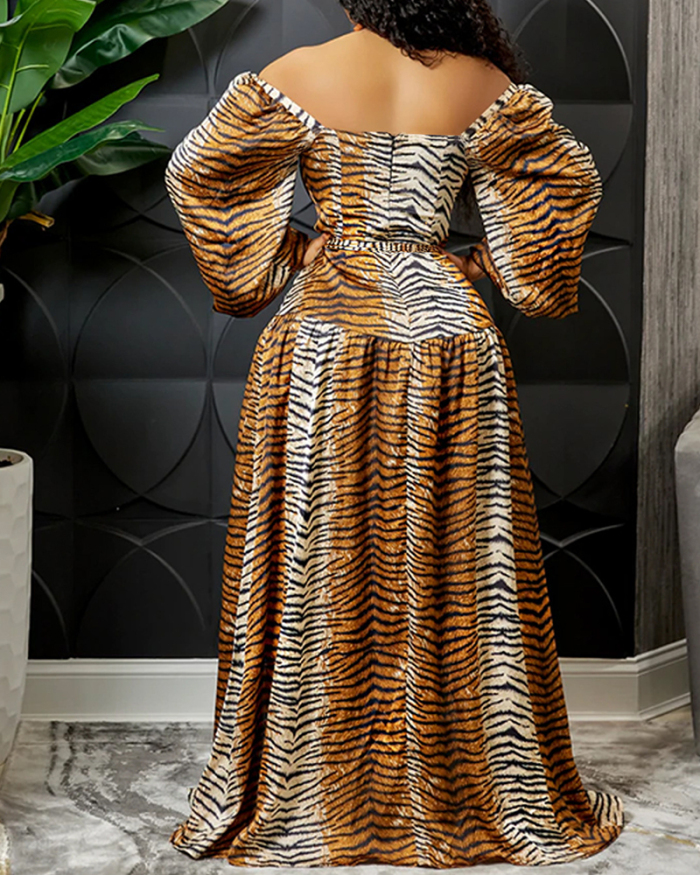Women Long Sleeve Tiger Leopard Striped Printed High Slit Sexy Maxi Dresses S-2XL