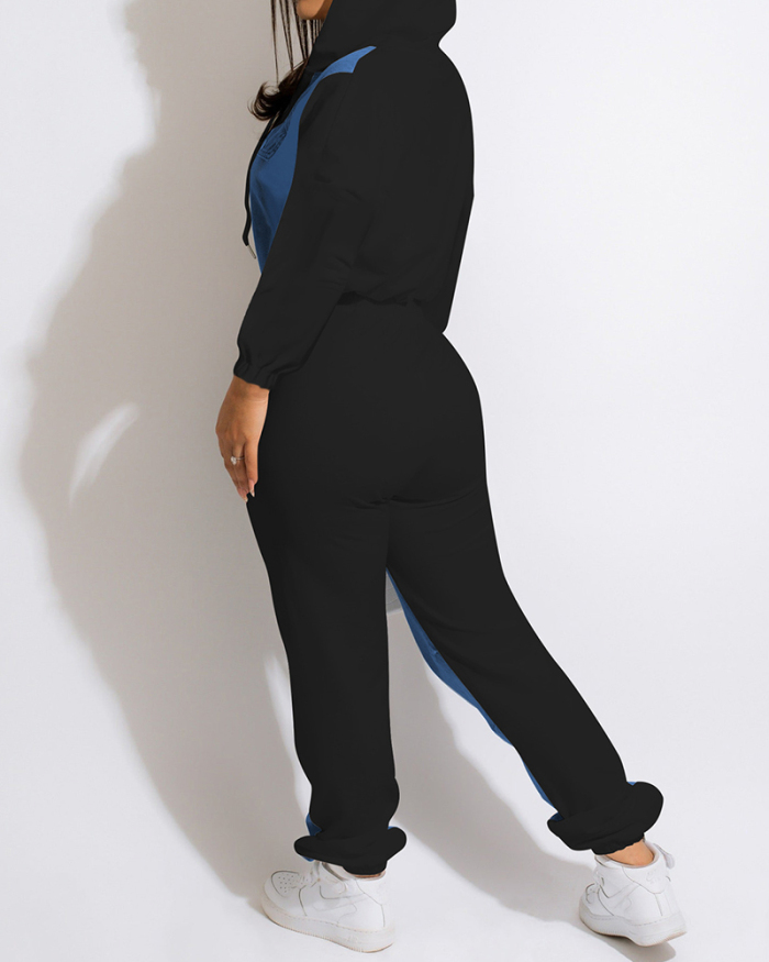 Women Jean Colorblock Casual Hoodies Coat Pants Sets Two Pieces Outfit Black White Flesh S-2XL