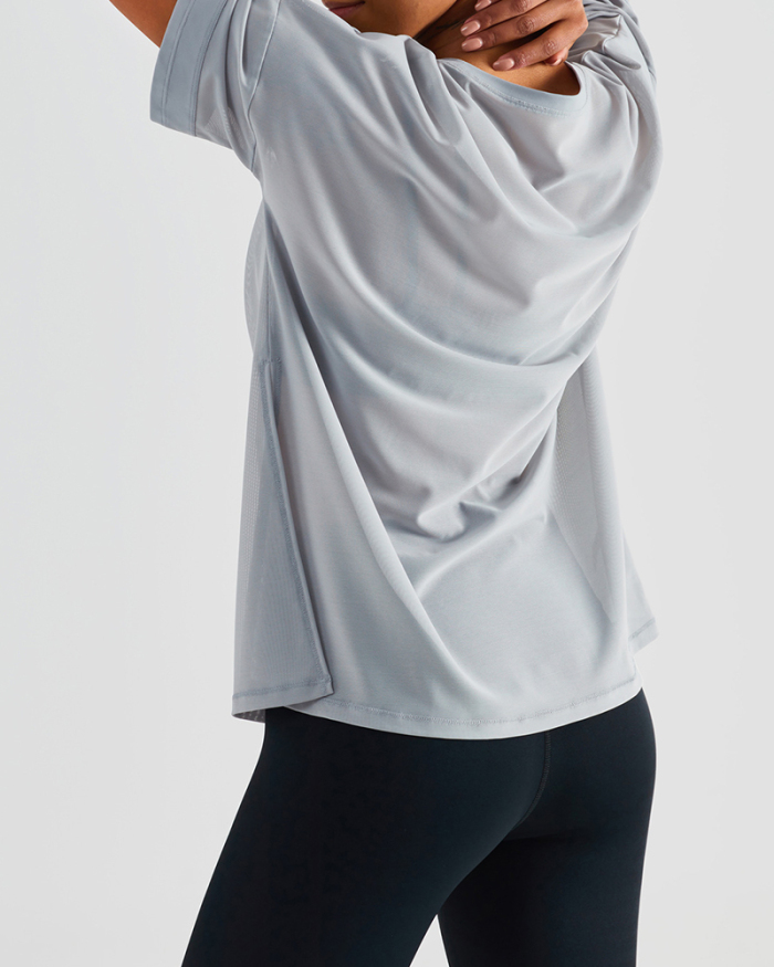 Woman O Neck Short Sleeve Solid Color Mesh Sheer T-shirt Yoga Tops Brown Gray White Black 4-10