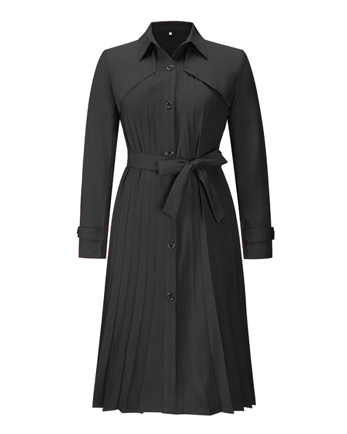 Women Solid Color Lapel Long Sleeve Long Coat Pleated Dress Jackets Black Red Green Apricot S-2XL