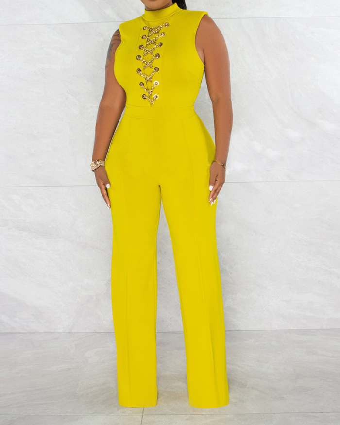 Women Sleeveless Solid Color Strappy High Waist Jumpsuits Yellow Blue Red Rosy S-2XL