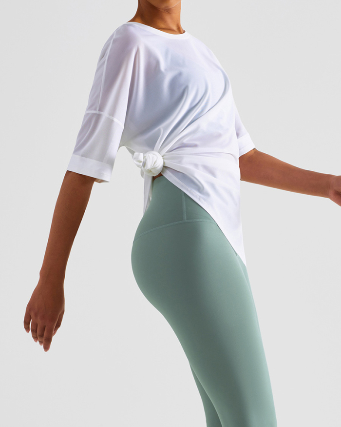 Woman O Neck Short Sleeve Solid Color Mesh Sheer T-shirt Yoga Tops Brown Gray White Black 4-10