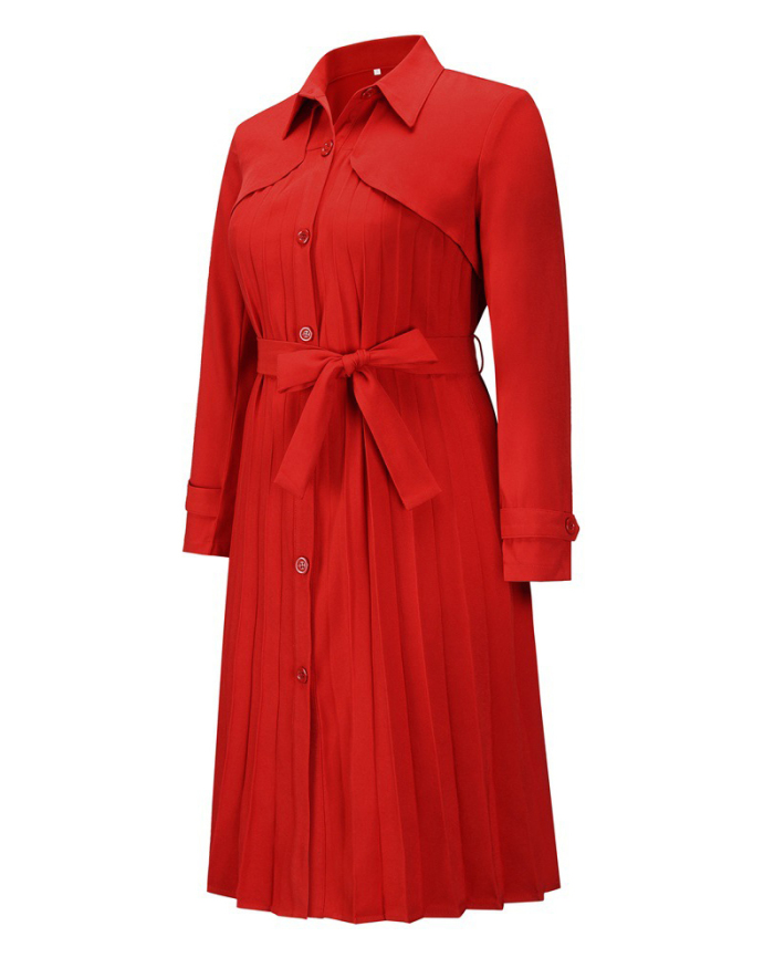 Women Solid Color Lapel Long Sleeve Long Coat Pleated Dress Jackets Black Red Green Apricot S-2XL