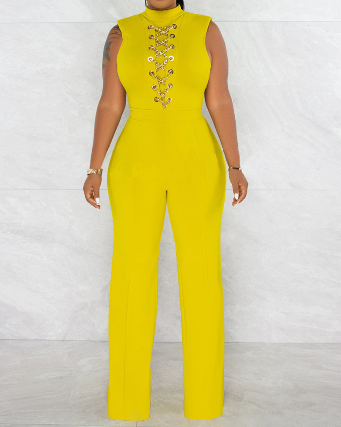 Women Sleeveless Solid Color Strappy High Waist Jumpsuits Yellow Blue Red Rosy S-2XL