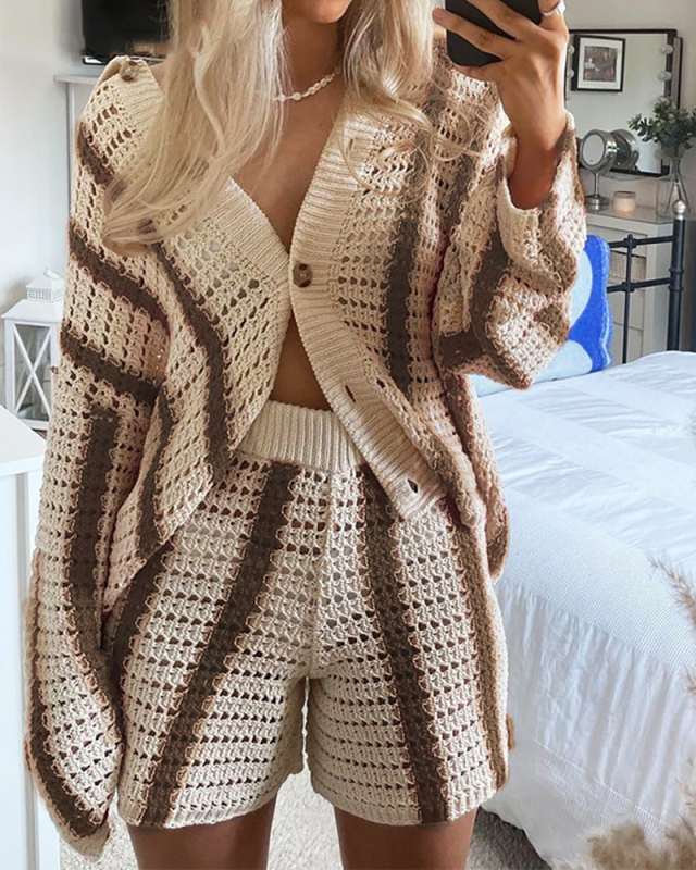 Autumn Lapel Knit Hollow Out Long Sleeve Striped Cardigan Short Sets Two Pieces Outfit Red Blue Pink Brown Green S-L