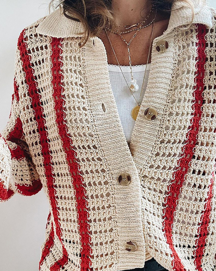 Autumn Lapel Knit Hollow Out Long Sleeve Striped Cardigan Short Sets Two Pieces Outfit Red Blue Pink Brown Green S-L