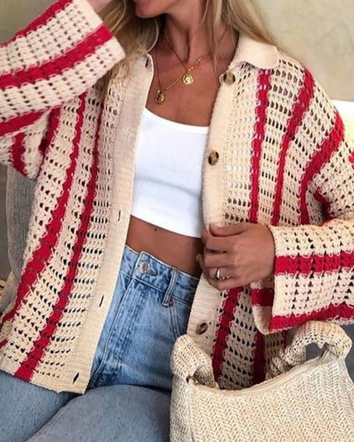 Autumn Lapel Knit Hollow Out Long Sleeve Striped Cardigan Short Sets Two Pieces Outfit Red Blue Pink Brown Green S-L