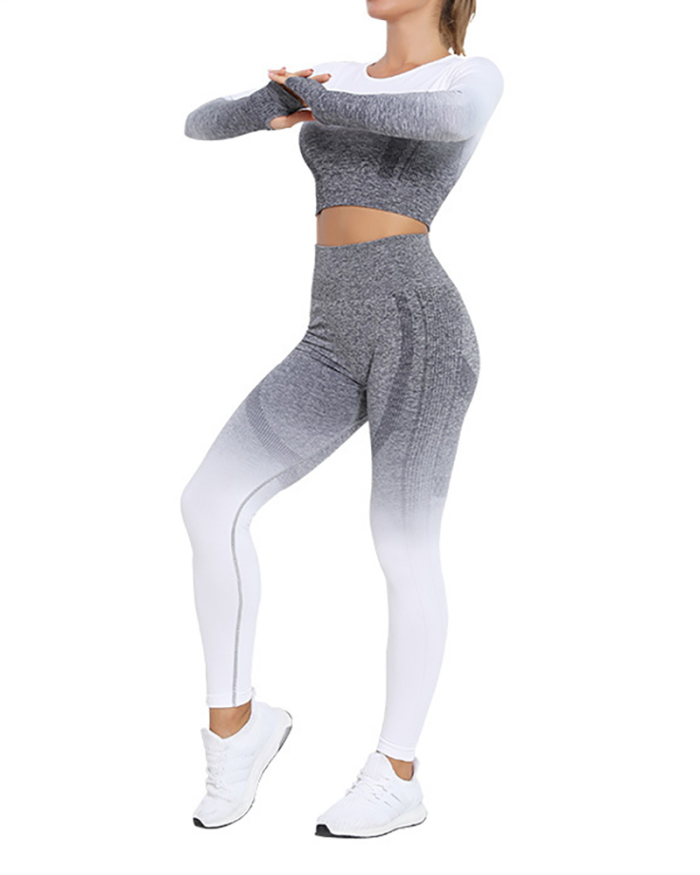 New Women Long Sleeve Gradient Sports Yoga Fitness Two-piece Sets S-L