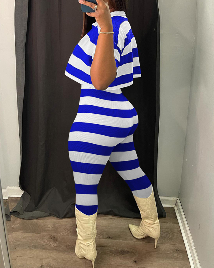 Womens Fashion Lapel V-neck Crop Tops Short Sleeve Striped Slim Legging Sets 2 Piece Outfits S-XL