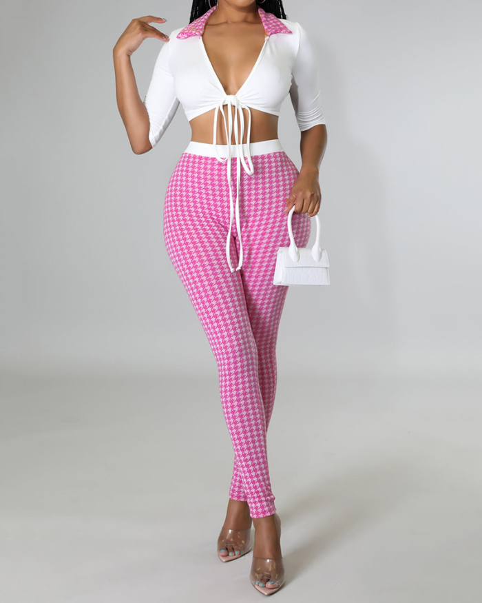 Women Houndstooth Printed Lapel Half Sleeve V-neck Crop Top High Waist Slim Pants Sets Two Pieces Outfit Orange Purple Black S-2XL