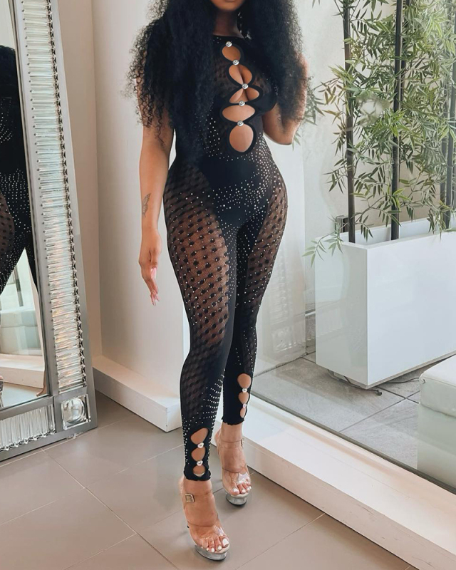 Women Black Sleeveless Mesh Patchwork Shining Hollow Out Rhinestones Jumpsuits S-2XL