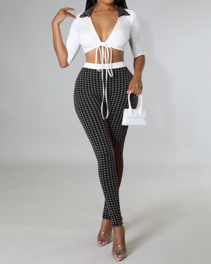 Women Houndstooth Printed Lapel Half Sleeve V-neck Crop Top High Waist Slim Pants Sets Two Pieces Outfit Orange Purple Black S-2XL