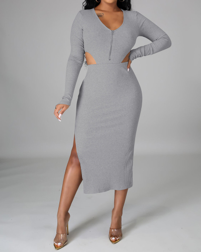 Solid Color Women Long Sleeve V Neck Hollow Out Bodysuit Slim Skirt Sets Two Pieces Outfit Gray Purple S-2XL