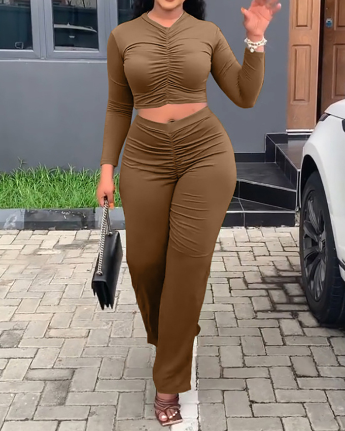 Women Long Sleeve Solid Color Ruched Pants Sets Two Pieces Outfit Orange Camel Sky Blue S-2XL