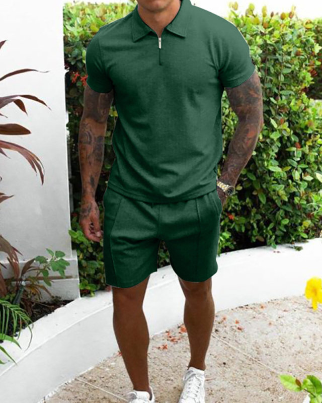 Men's Lapel Solid Color Short Sleeve Causal Short Sets Two Piece Sets S-3XL