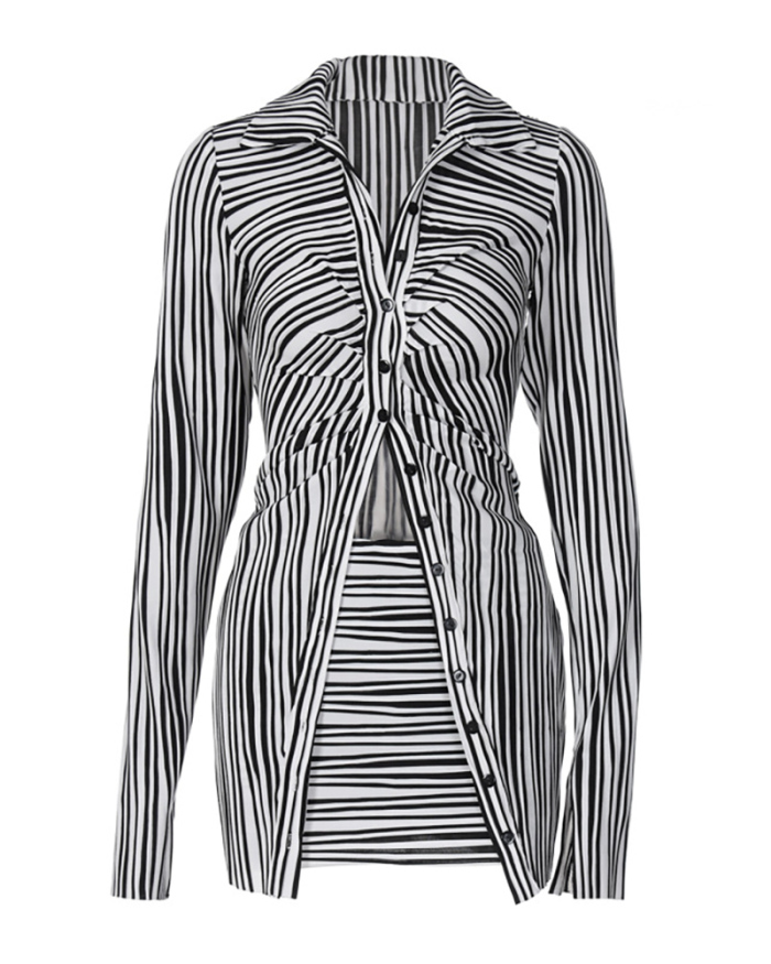 Zebra Long Sleeve Lapel Women Fashion Skirt Sets Two-piece Sets Black S-L