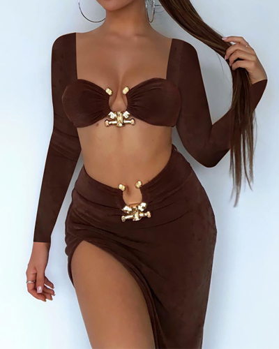 Women Long Sleeve Solid Color Hollow Out Slim High Slit Skirt Sets Two-piece Sets Green Black Brown S-L