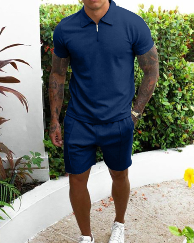Men's Lapel Solid Color Short Sleeve Causal Short Sets Two Piece Sets S-3XL