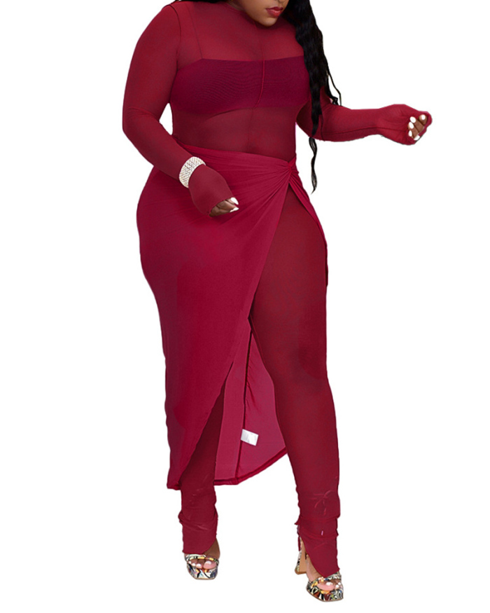Women Long Sleeve Sexy Mesh Skirt Cover High Slit Two Pieces Outfit Wine Red Rosy Black S-2XL
