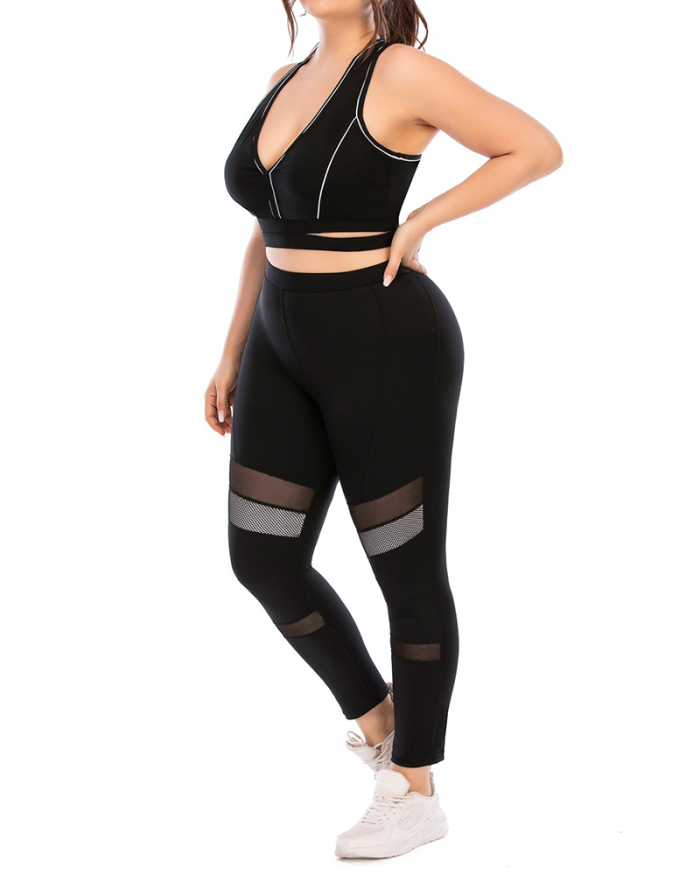 Fashion Fitness V Neck Sport Bra Patchwork Mesh Legging Matching Yoga Sets Plus Size Yoga Black L-3XL