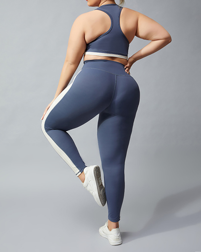 Colorblock Fashion Running Women Sports Plus Size Yoga Two-piece Sets Blue Black XL-4XL