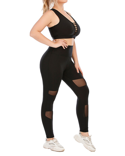 Wholesale Women Hollow Out Sports Bra Patchwork Compression Leggings Plus Size Yoga L-3XL